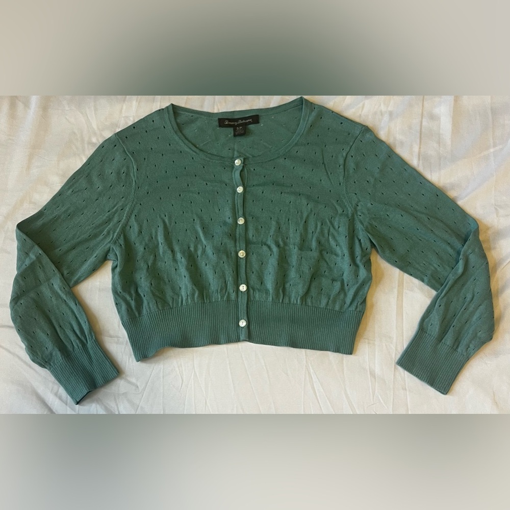 Green button up Tommy Bahama sweater.